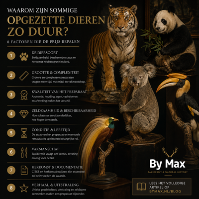 Waarom zijn sommige opgezette dieren zo duur? Diverse bijzondere opgezette dieren zoals een tijger, panda, koala en neushoornvogel